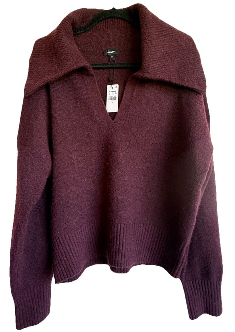 EXPRESS Burgundy Wool Blend V Neck Collared Polo Sweater Size L NWT, MSRP $88